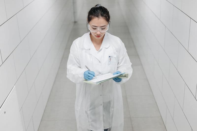 Portrait of Dr. Priya Nair, PhD, HCLD, in a white lab coat in the laboratory